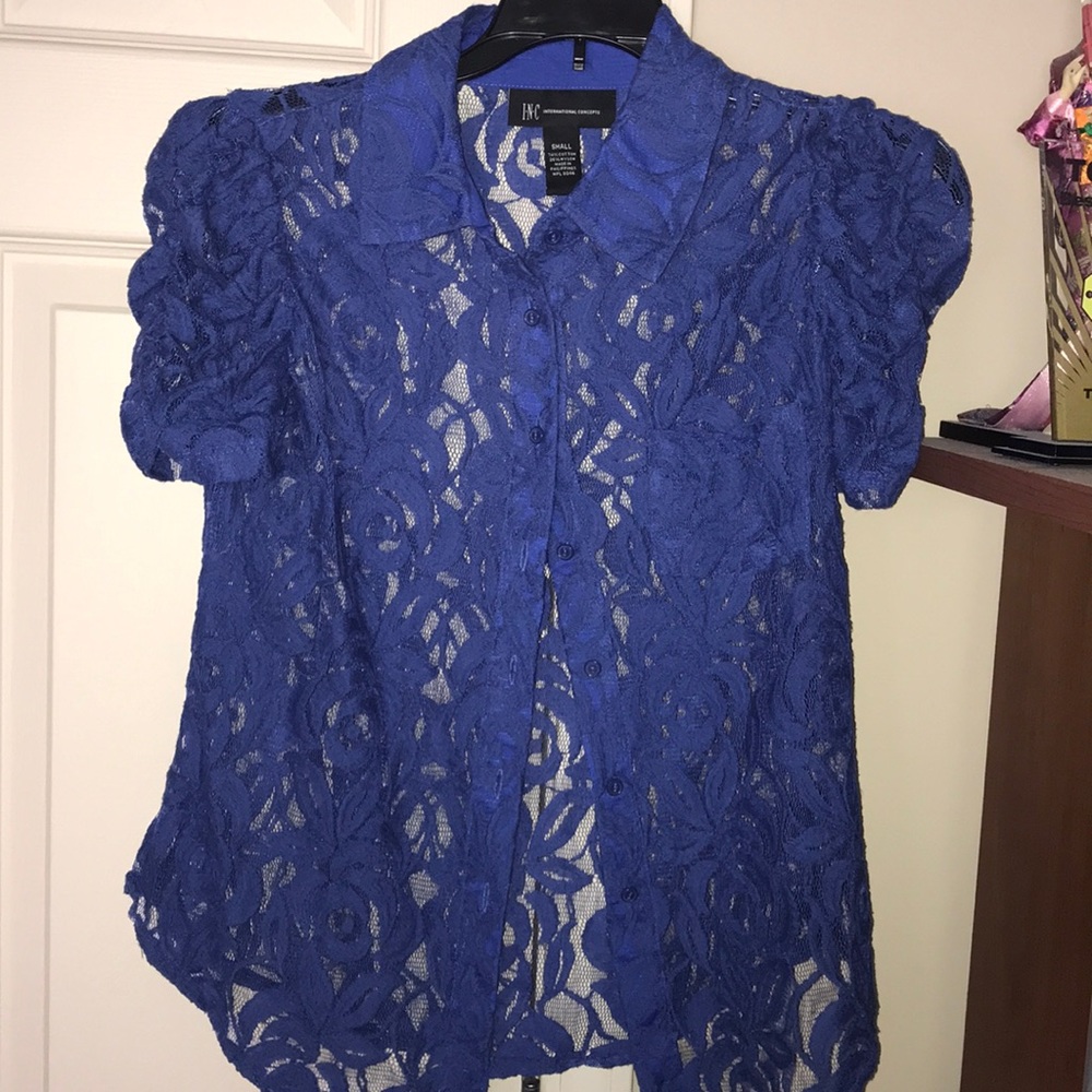 Lace short sleeve button down blouse